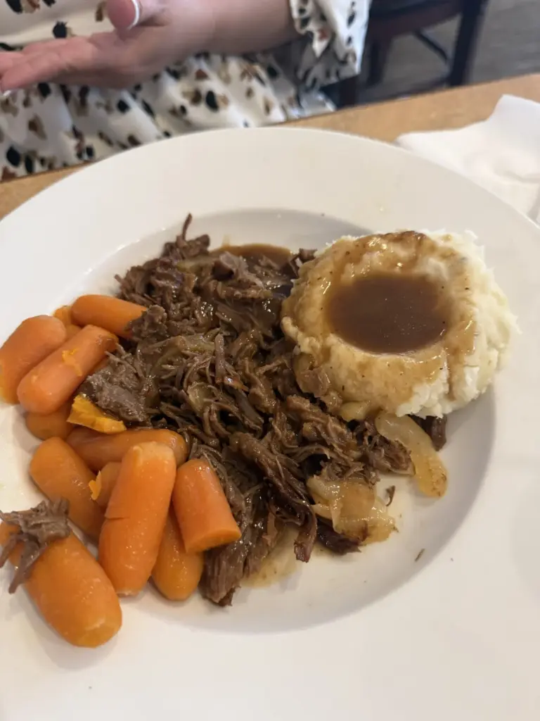 Pot roast dinner with carrots and potatoes at Bob Evans