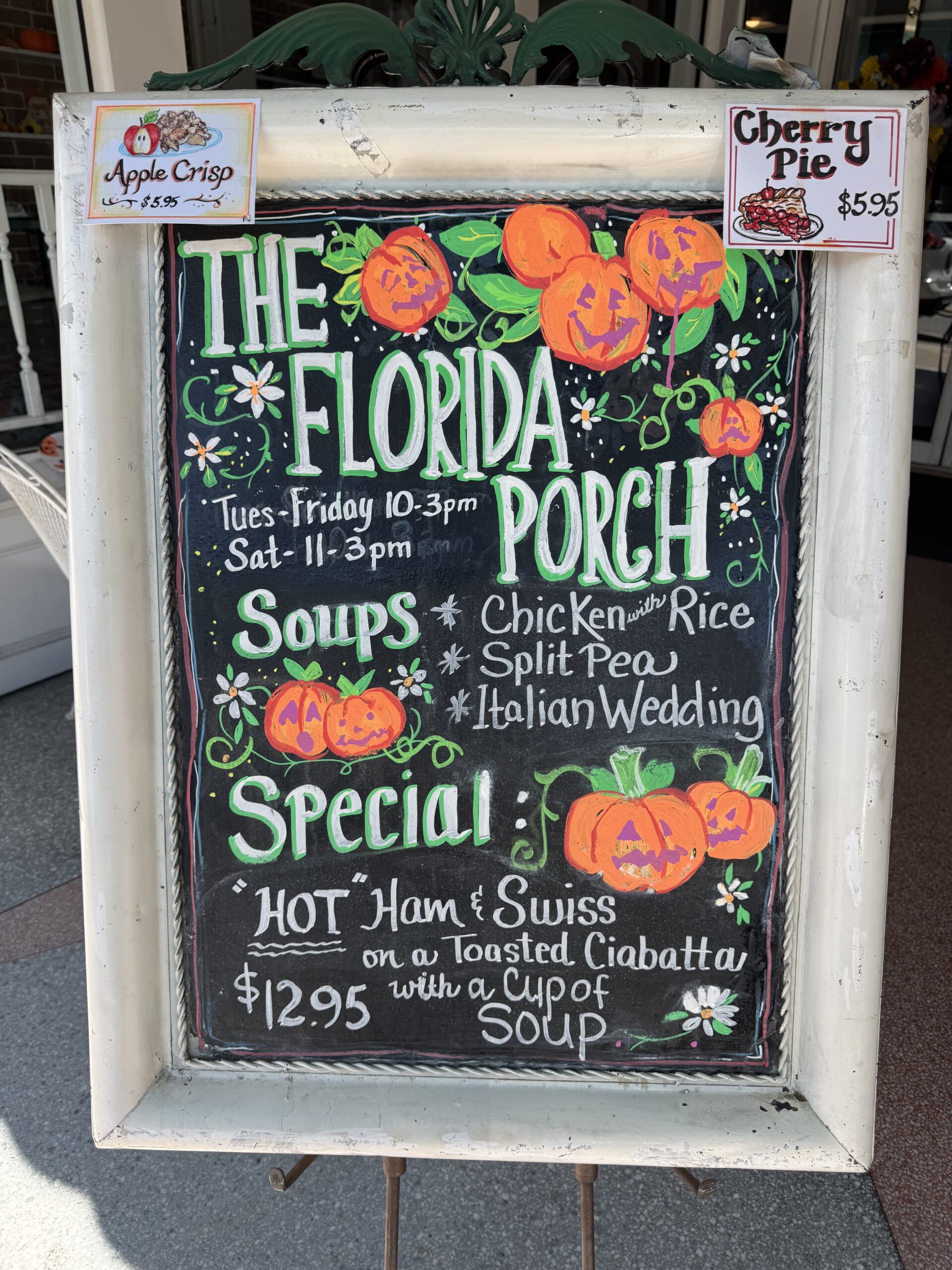 Chalkboard specials outside Florida Porch Cafe