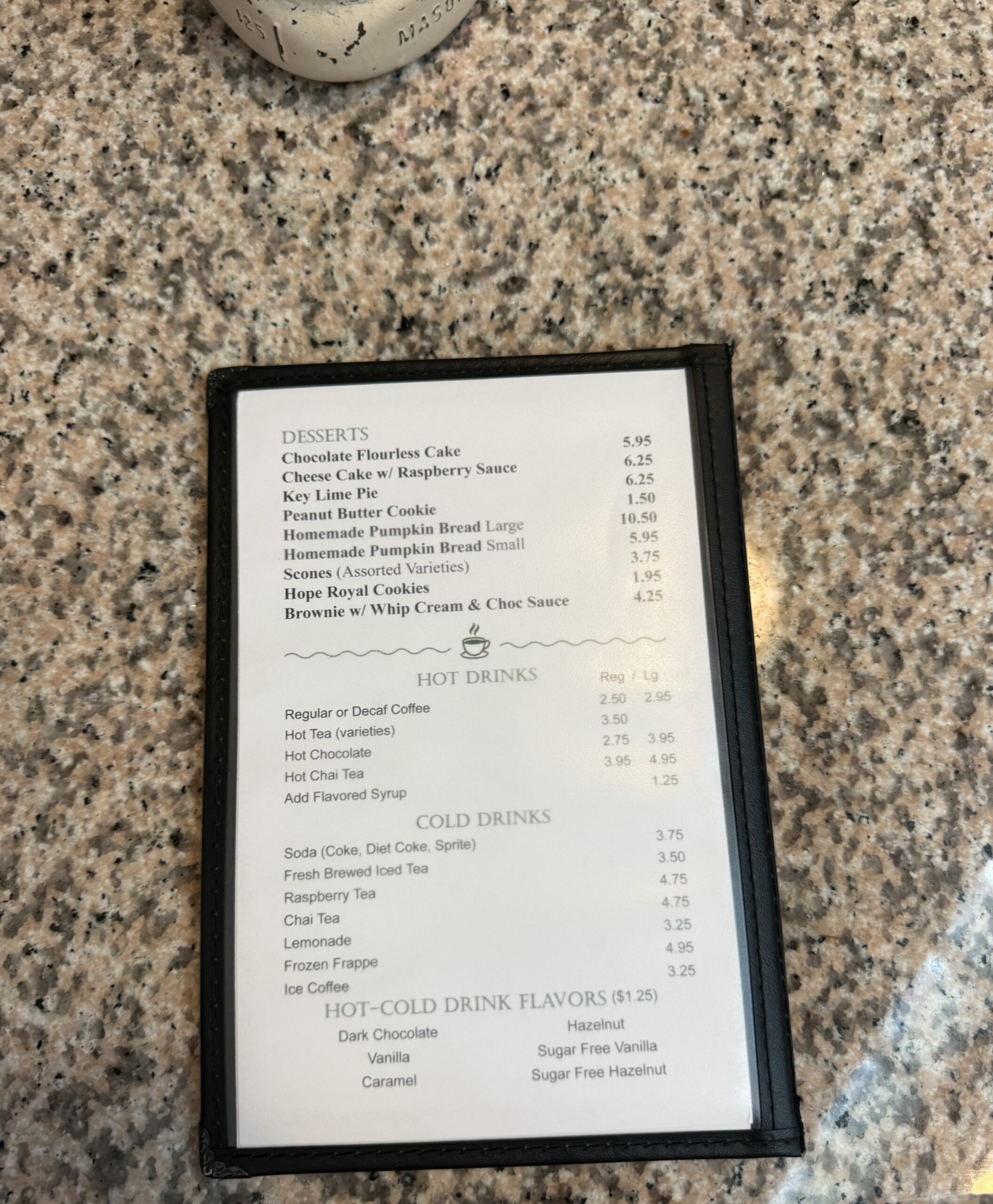 Desserts and drinks menu at The Florida Porch Cafe in Leesburg