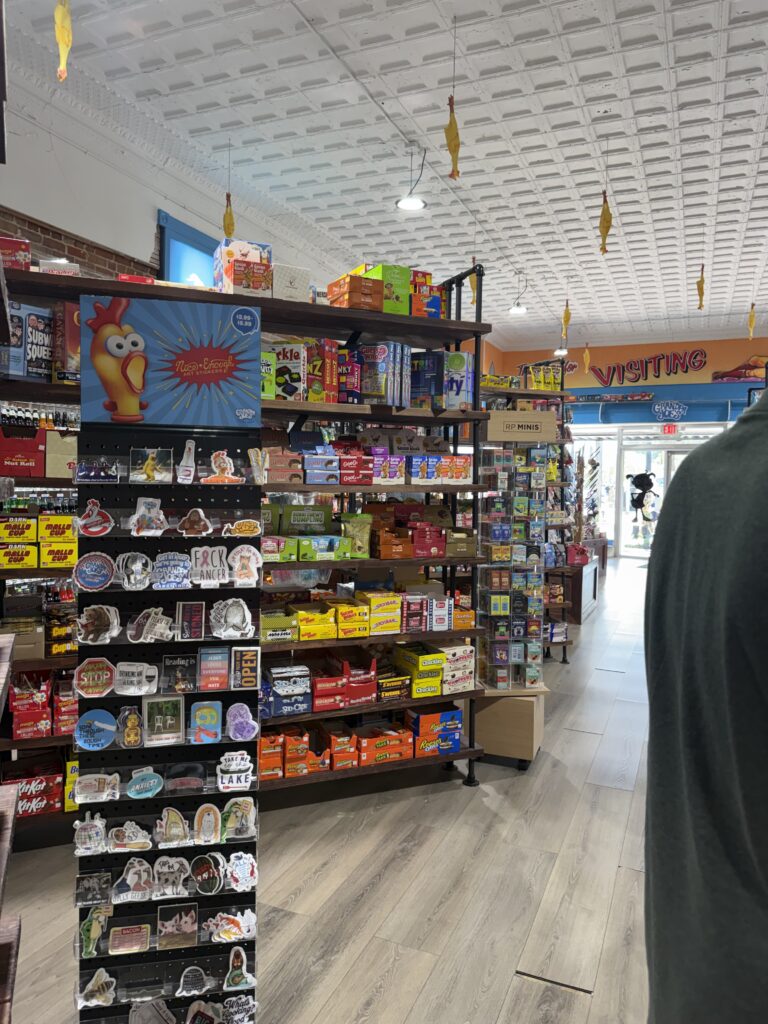 Colorful candy displays at Grandpa Joe’s Candy Shop