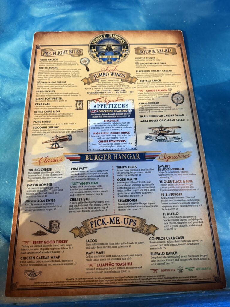 Puddle Jumpers menu featuring appetizers, pork rinds, jumbo wings, burgers and sandwiches