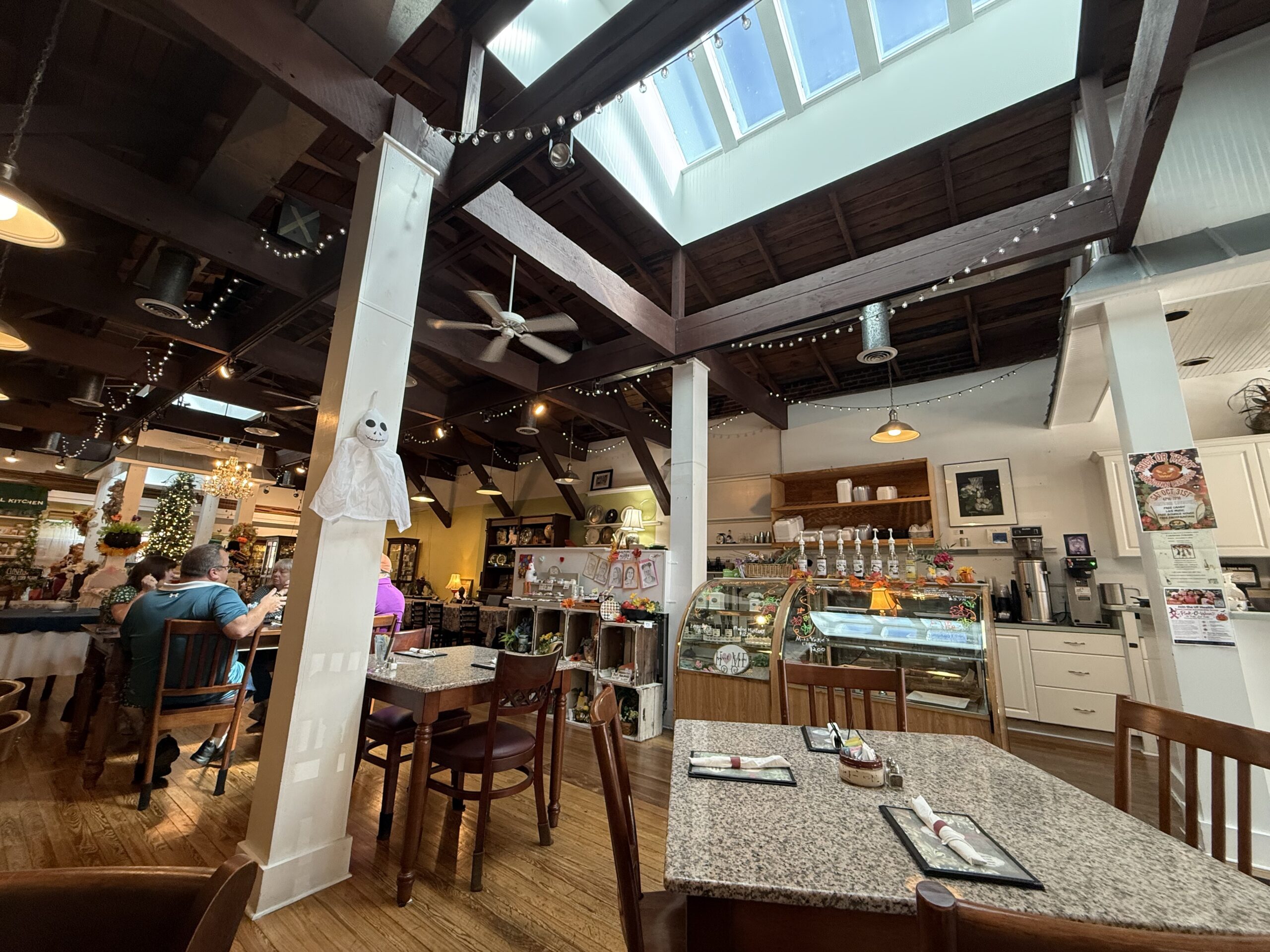 Florida Porch Cafe dining room with wooden beams and seasonal decorations