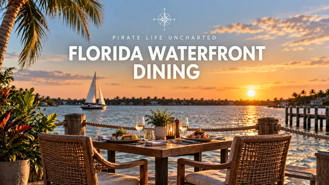 AI-generated illustration of Florida waterfront dining, showing a lakeside table, sailboat, palm trees, and sunset.
